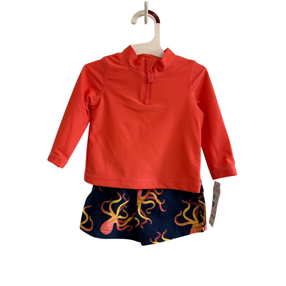 Carters Just One You‎ Toddler Boys 6m Orange Octopus Rash Guard Swim Set UPF 50